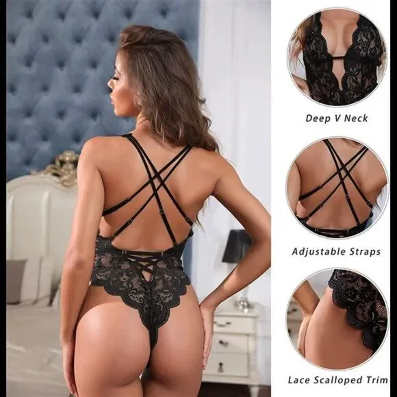 Women Hollow Out Floral Lace Bodysuit One Piece Lingerie